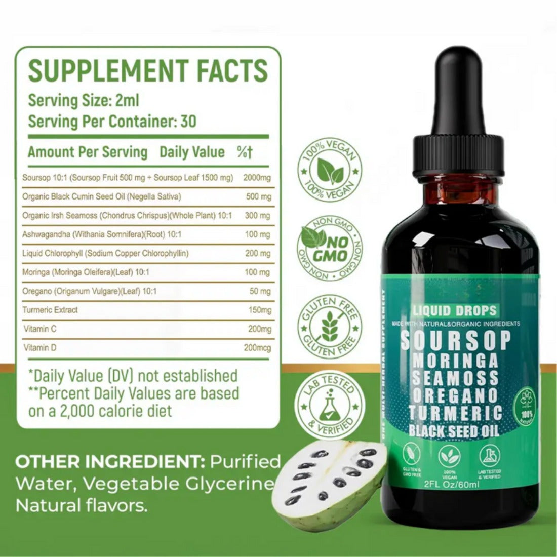 Organic 10-in-1 Soursop Drops with Moringa & Seamoss – Herbal Liquid Supplement