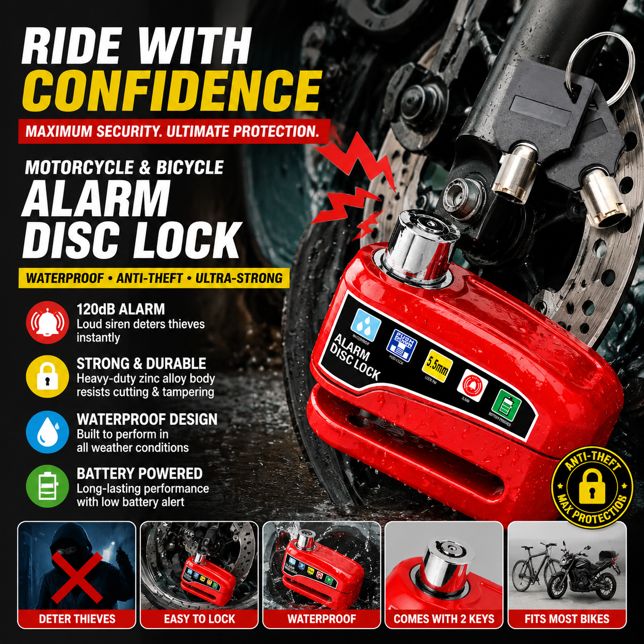 Motorcycle & Bicycle Waterproof Anti-Theft Alarm Disc Lock