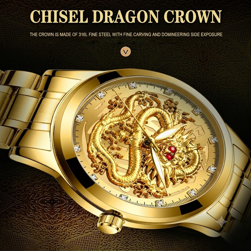 Luxury Golden Dragon Quartz Watch Waterproof Stainless Steel Dial