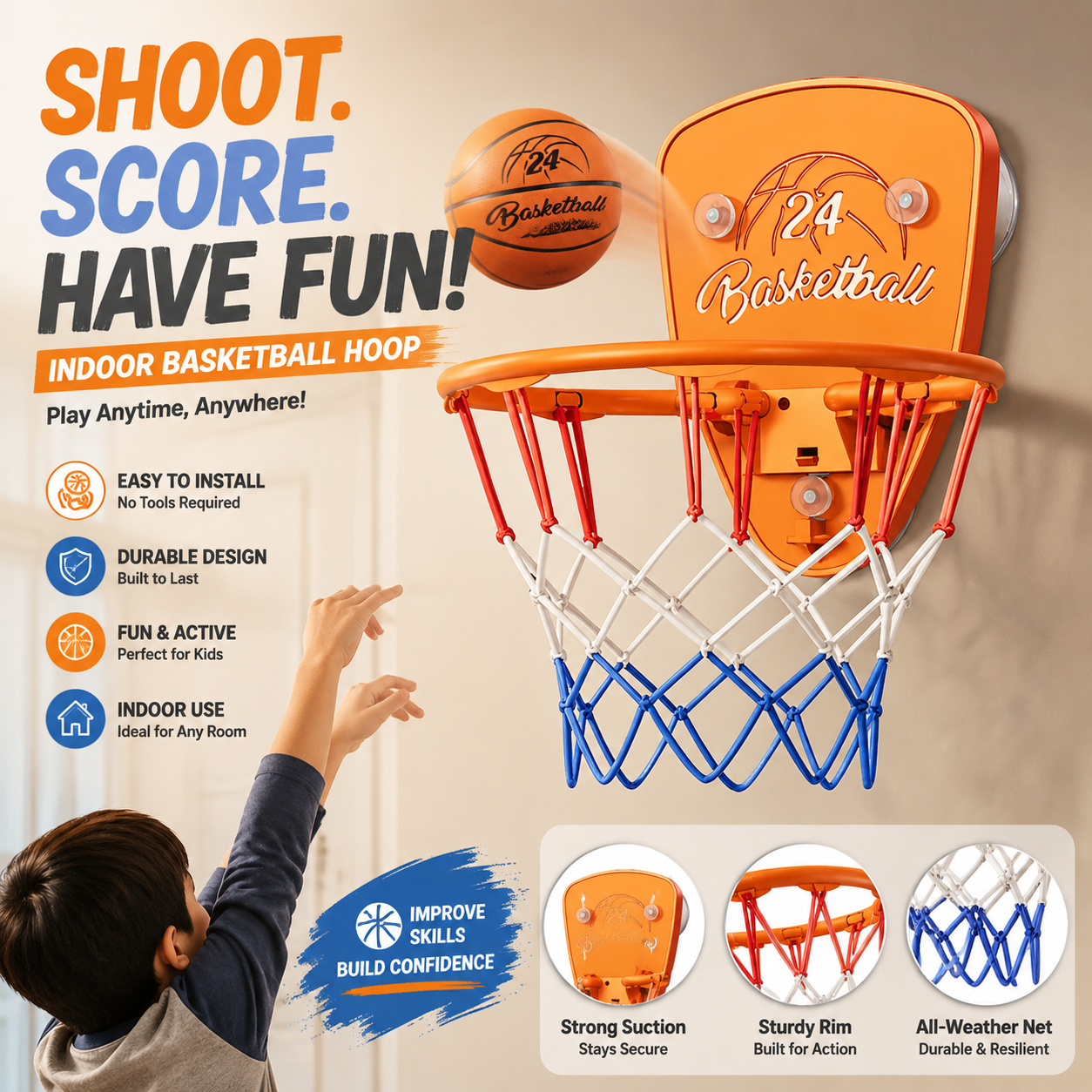 Portable Basketball Training Board & Hoop Set Toy For Kids