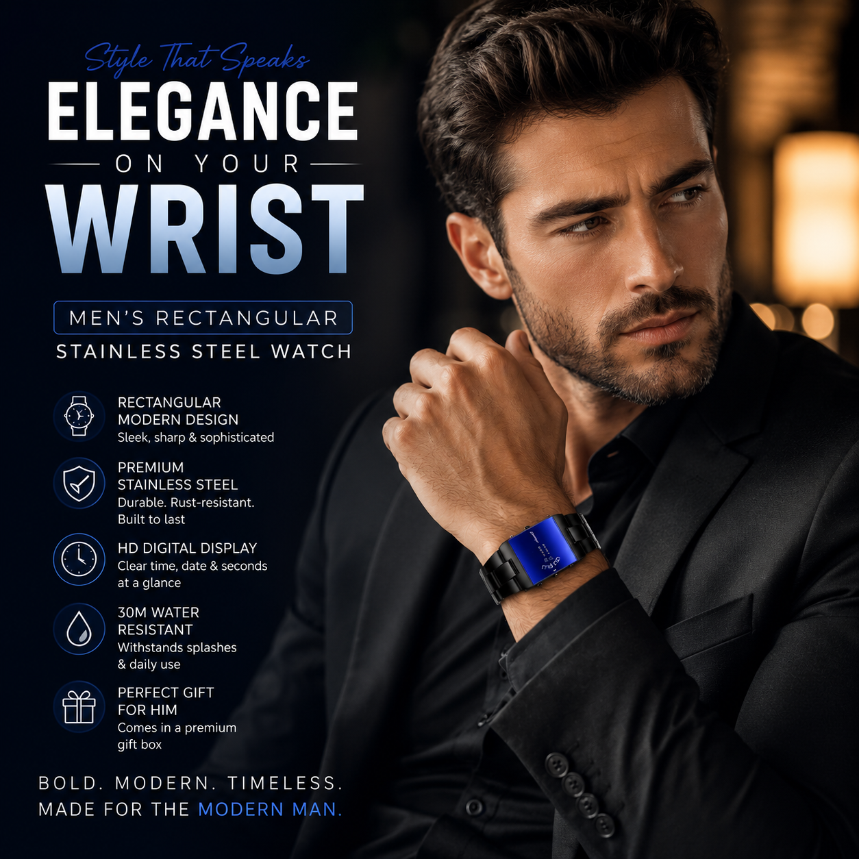 Men's Rectangular Stainless Steel Elegant Black Wristwatch
