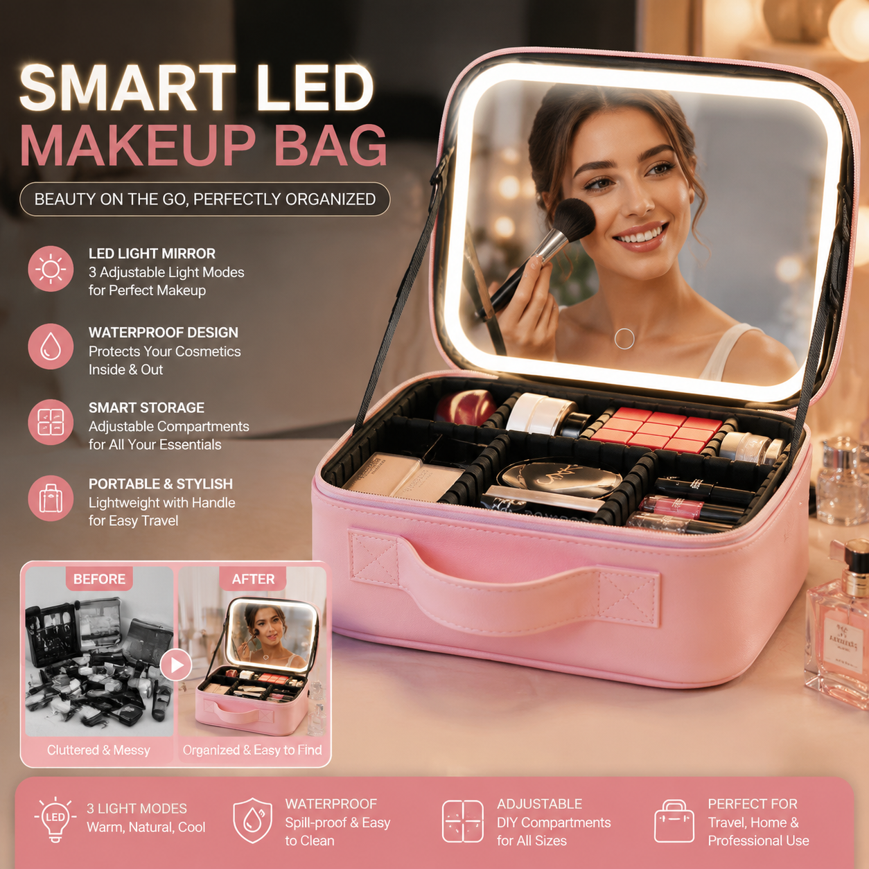 Women's Smart LED Makeup Bag –  Waterproof with LED Mirror