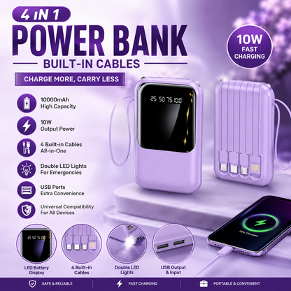 Portable Power Bank – 4 in 1 Built In Cables, Dual LED Lights & Dual USB Charging