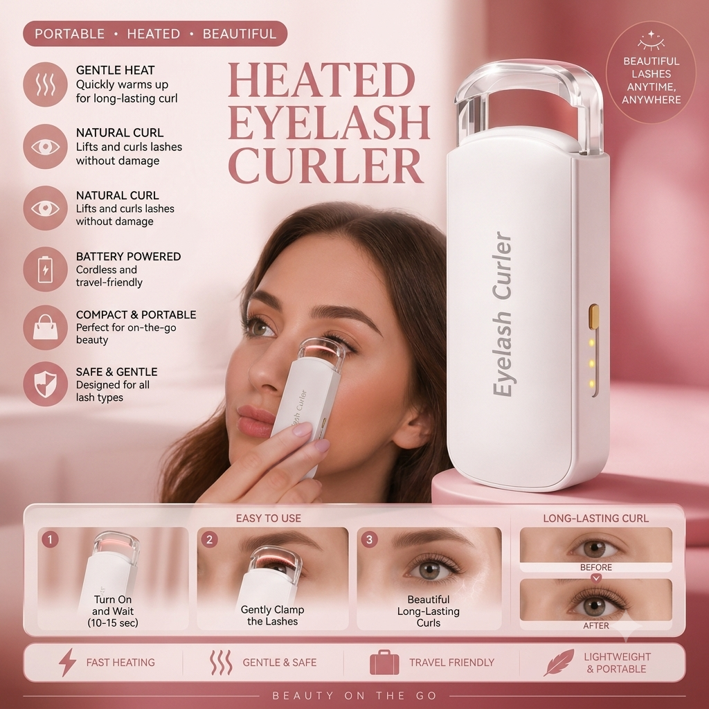 Portable Heated Eyelash Curler – Battery-Powered Electric Lash Curler for Long-Lasting Curl