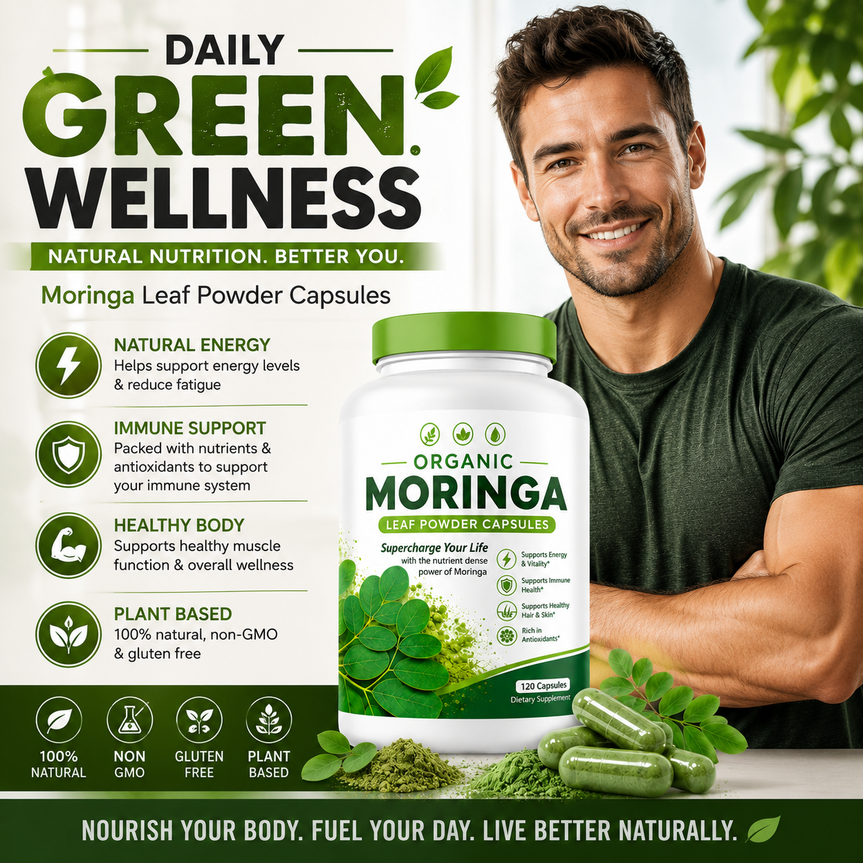 Moringa Capsules – Natural Plant-Based Multivitamin with Amino Acids for Daily Wellness Support