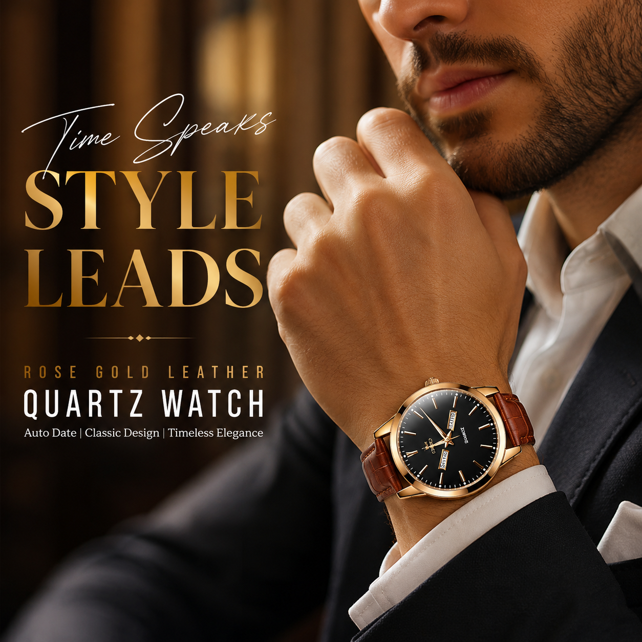 Men's Leather Quartz Watch Gold Fashion Wristwatch