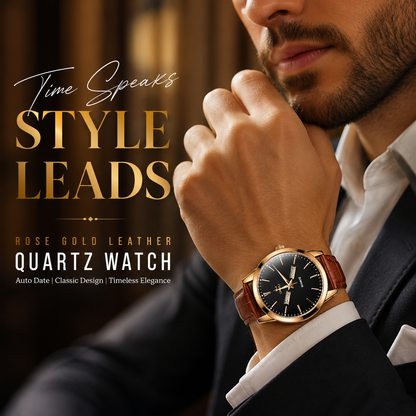 Men's Leather Quartz Watch Gold Fashion Wristwatch