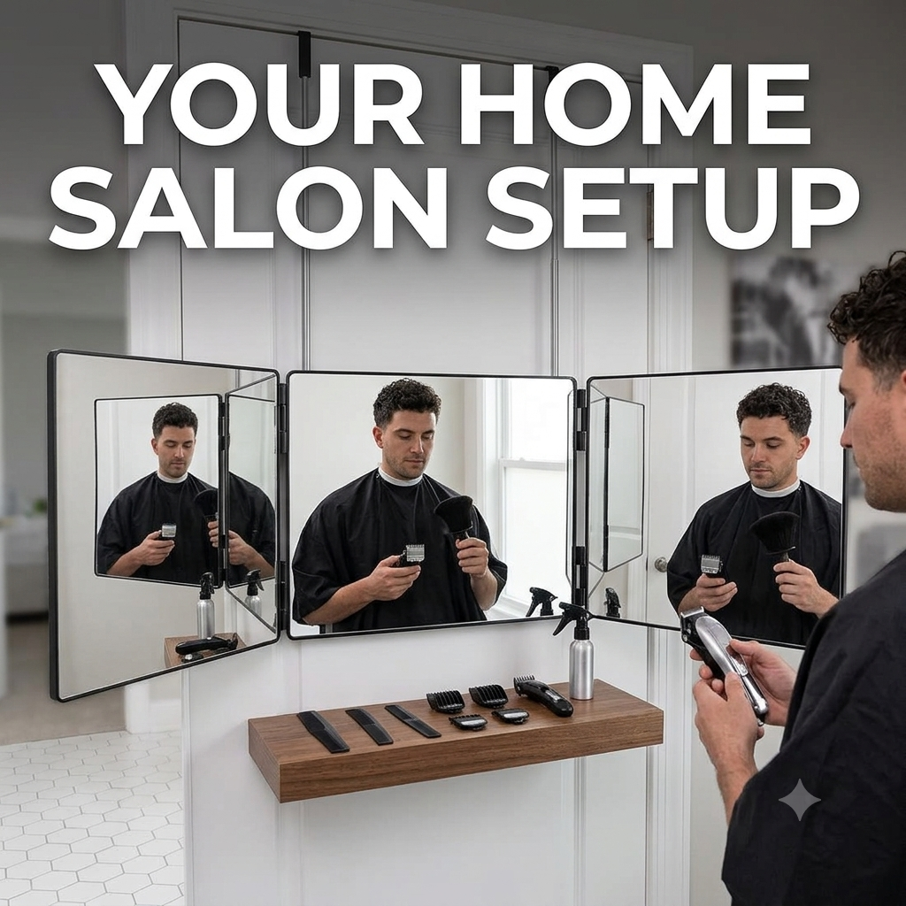 3 Sided Foldable Self Haircut Mirror – Telescopic Hangable Salon Mirror for Hair Trimming & Grooming