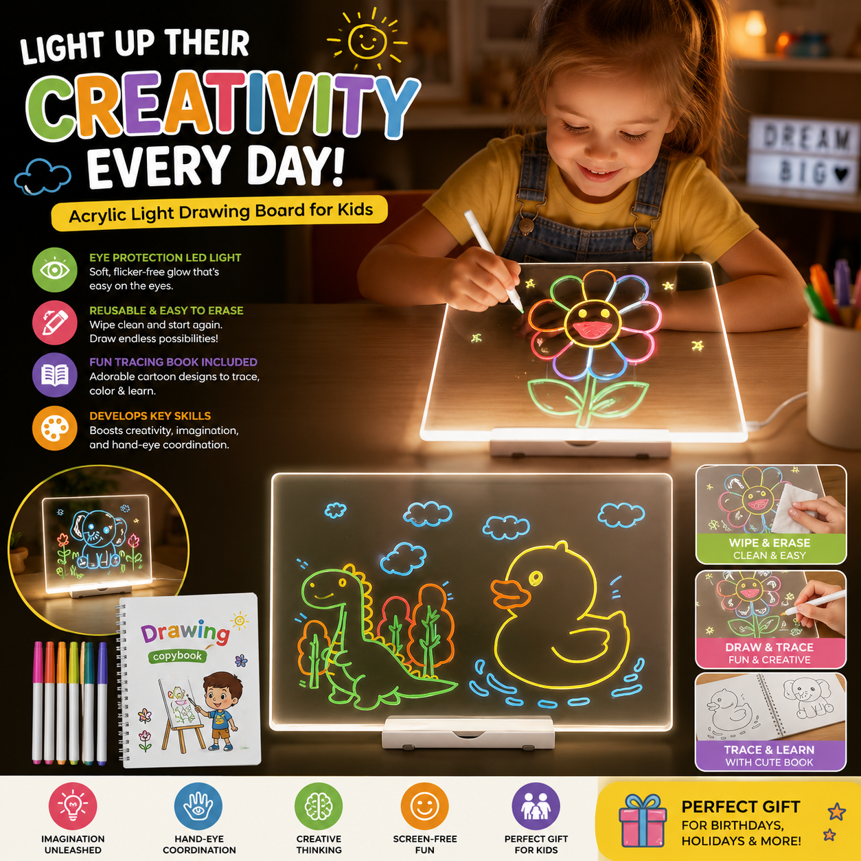 LED Acrylic Light Drawing Board for Kids – Reusable Tracing & Drawing Pad with Cartoon Practice Book