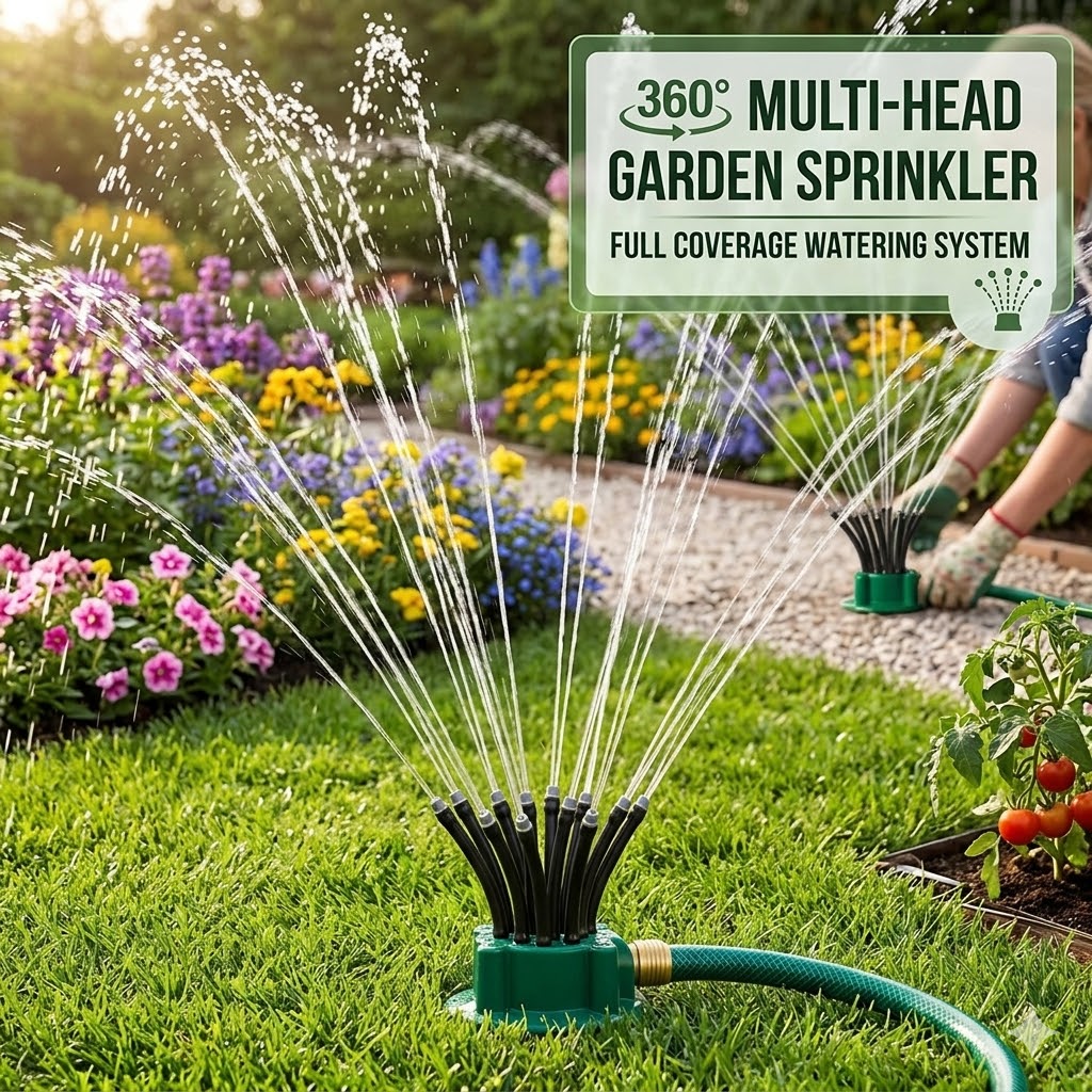 360° Multi-Head Garden Sprinkler – Full Coverage Watering System