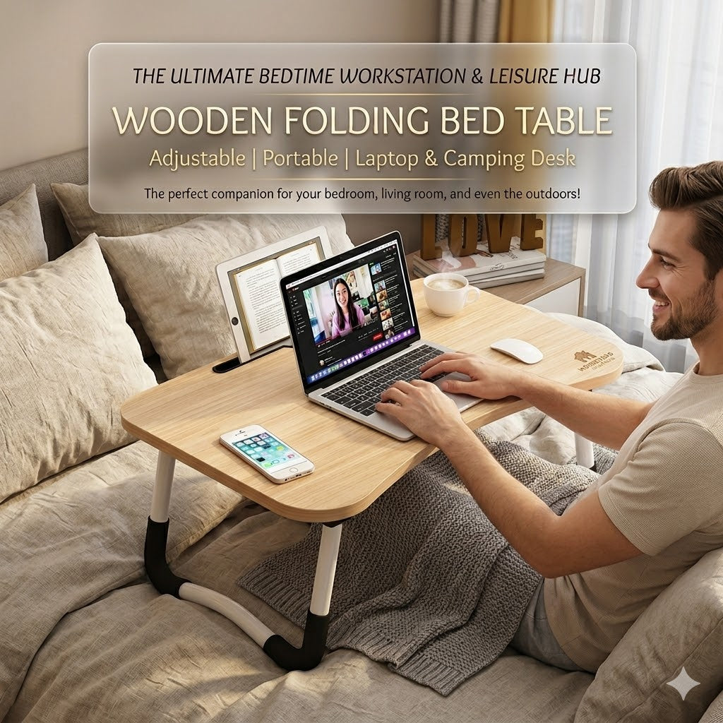 Wooden Folding Bed Table – Adjustable Portable Laptop & Camping Desk