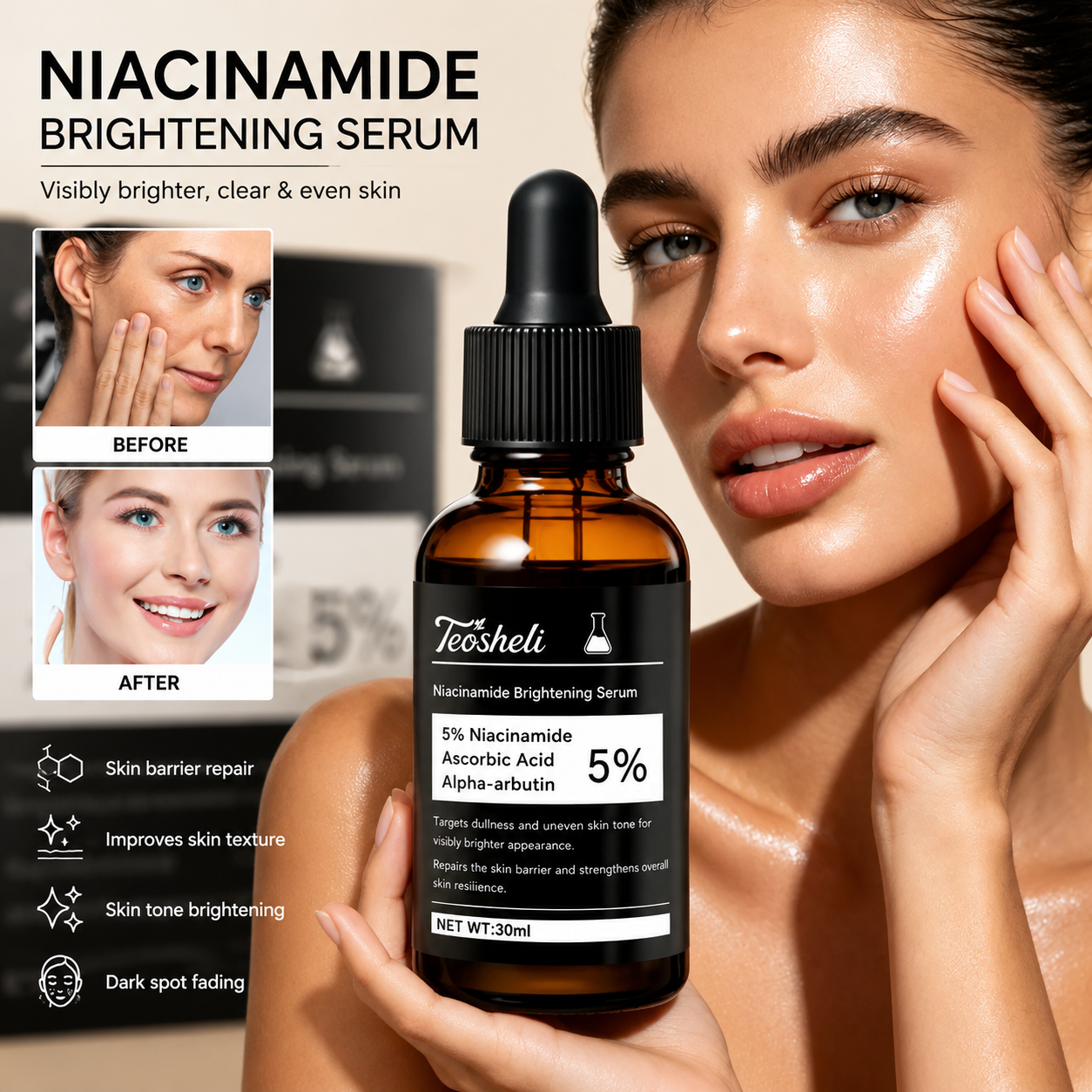 Niacinamide Brightening Serum – Vitamin C & Alpha Arbutin Face Serum for Even Skin Tone & Hydration