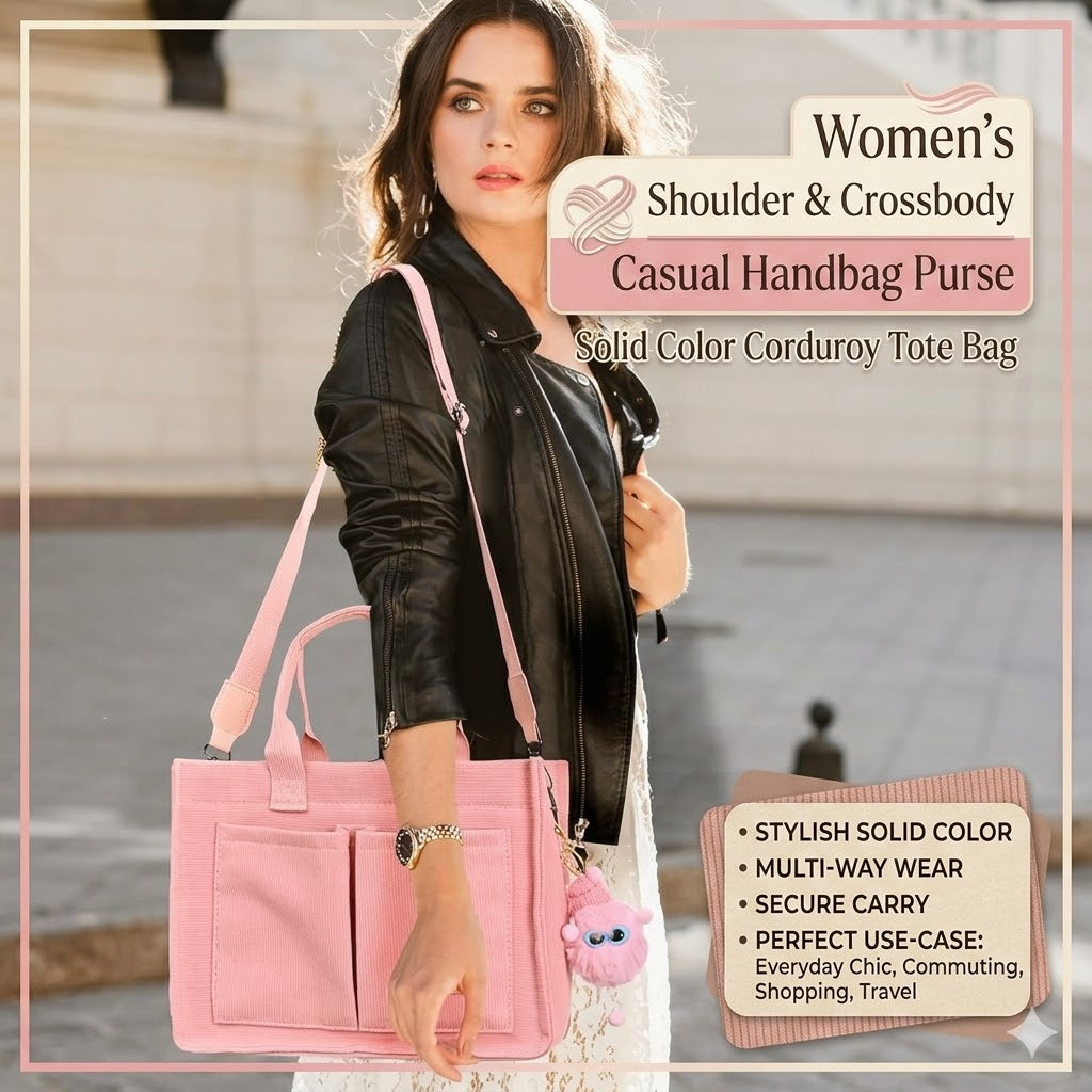 Women’s Corduroy Shoulder Bag – Casual Crossbody Tote Handbag