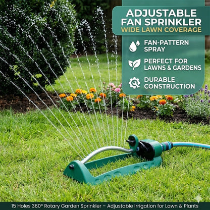 15 Holes 360° Rotary Garden Sprinkler – Adjustable Irrigation for Lawn & Plants