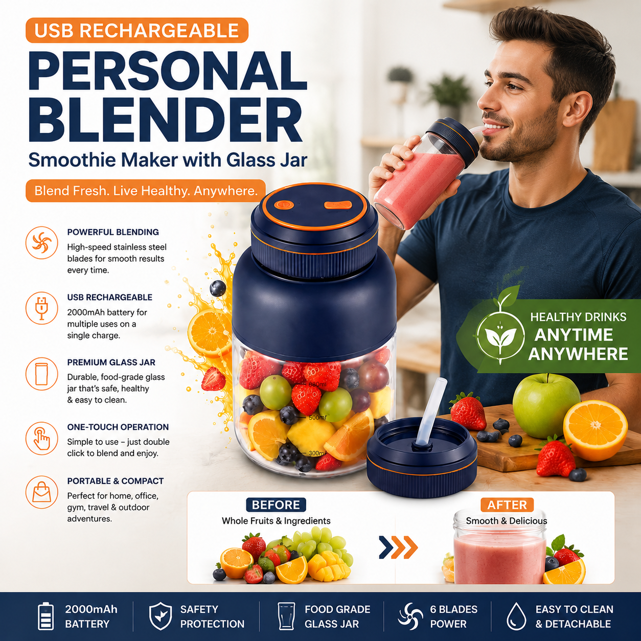 USB Rechargeable Personal Blender Smoothie Maker with Glass Jar