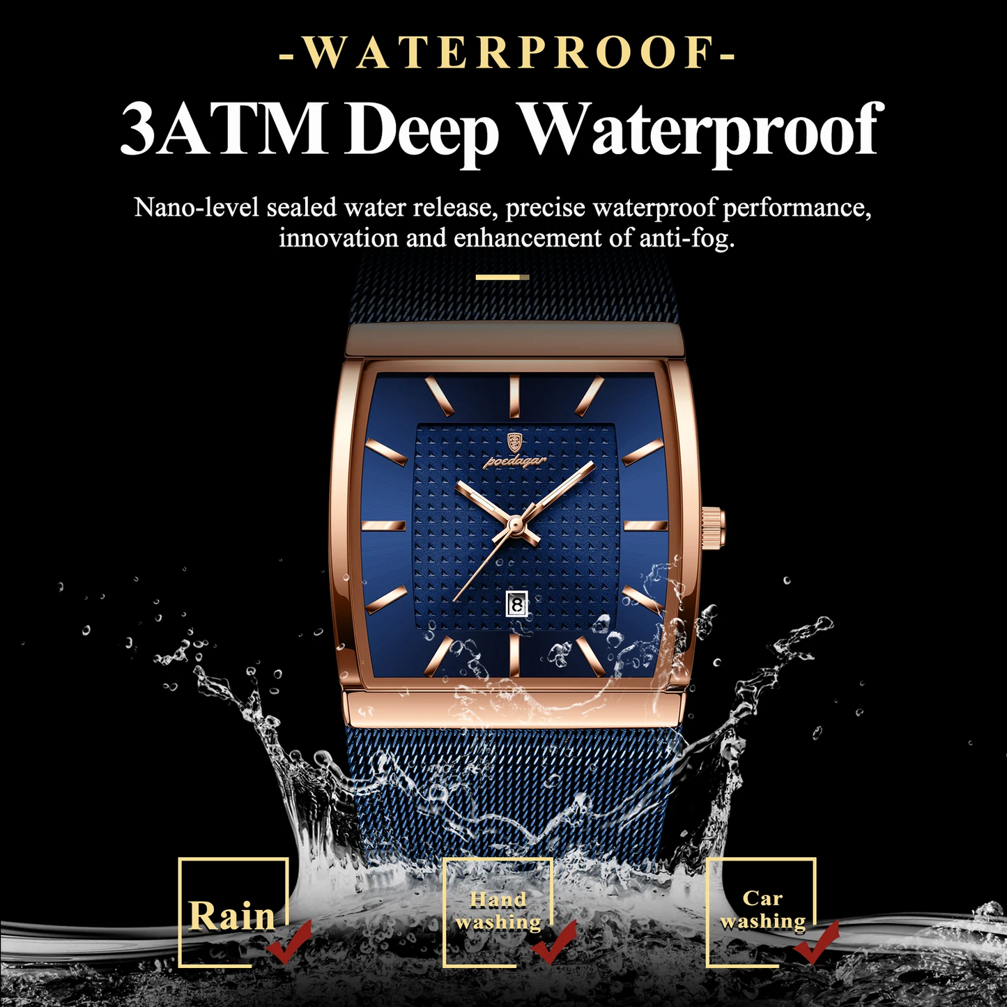 POEDAGAR Luxury Men's Quartz Watch Square Dial Stainless Steel Mesh Strap