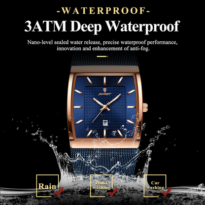 POEDAGAR Luxury Men's Quartz Watch Square Dial Stainless Steel Mesh Strap