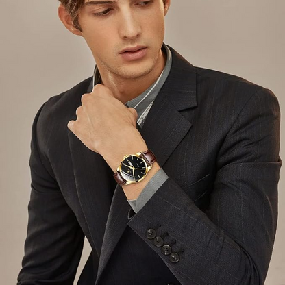 Men's Leather Quartz Watch Gold Fashion Wristwatch