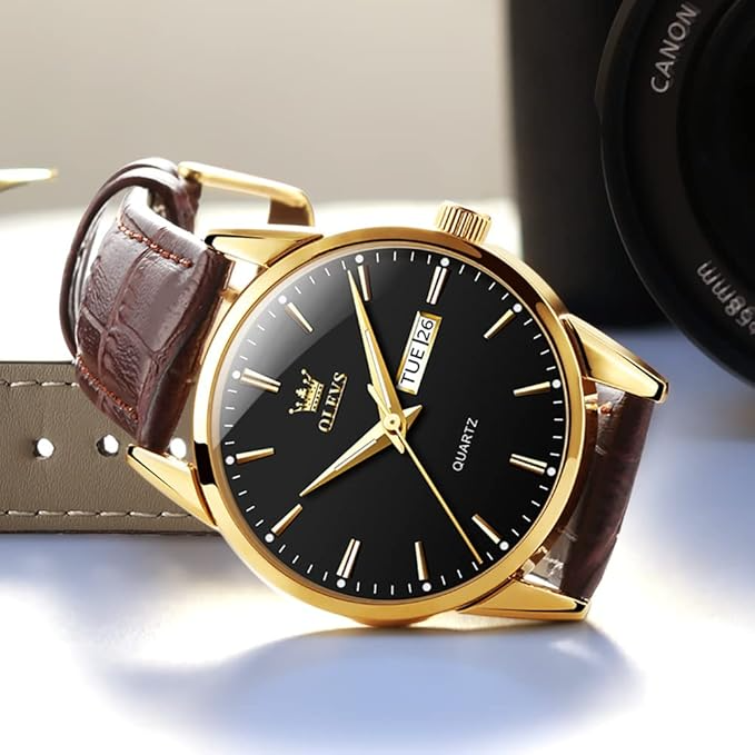 Men's Leather Quartz Watch Gold Fashion Wristwatch