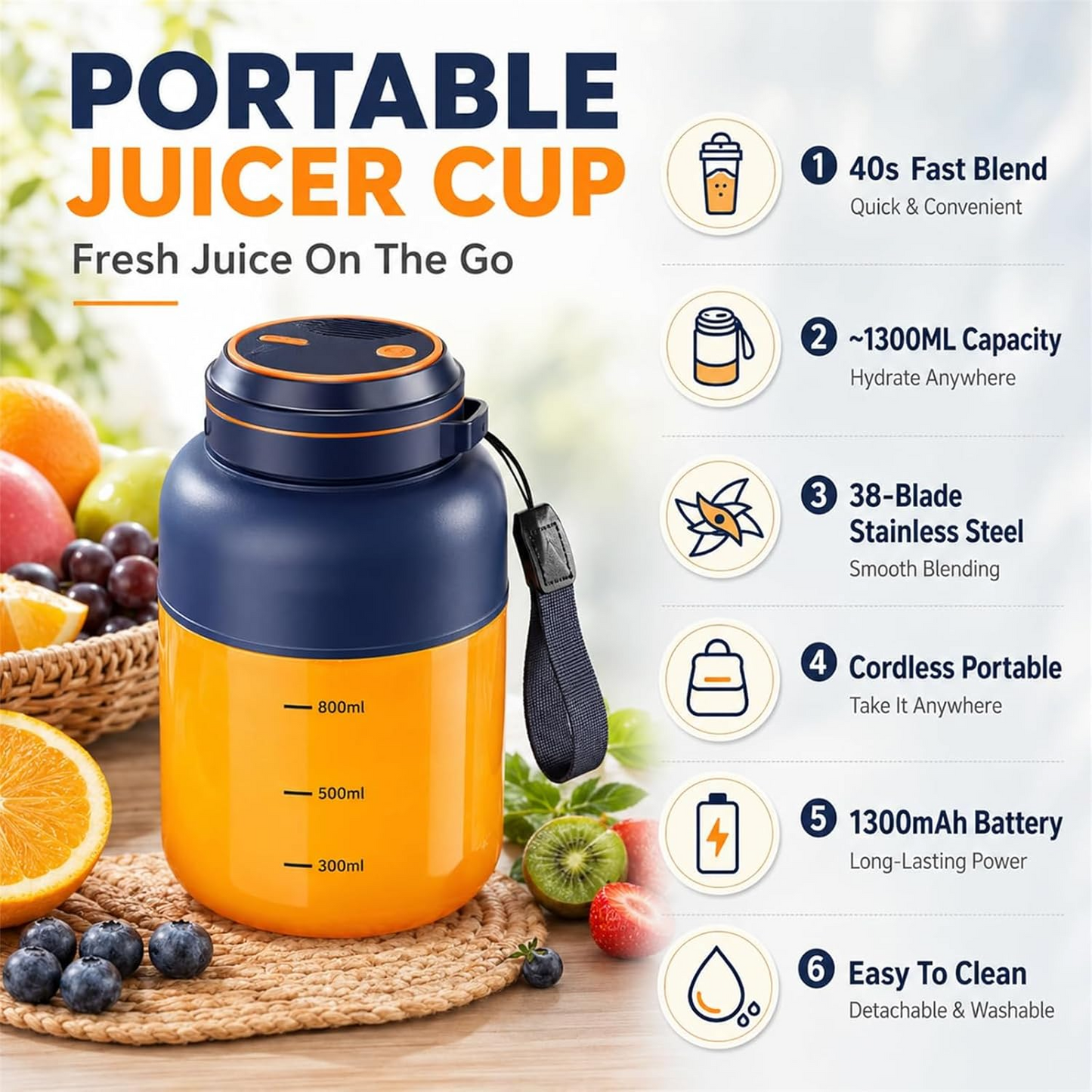 USB Rechargeable Personal Blender Smoothie Maker with Glass Jar