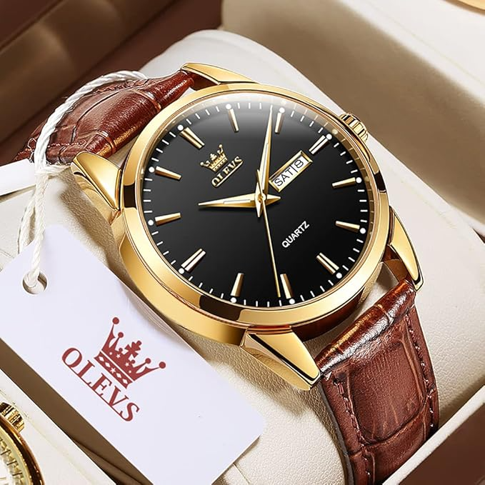Men's Leather Quartz Watch Gold Fashion Wristwatch