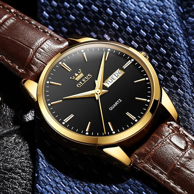 Men's Leather Quartz Watch Gold Fashion Wristwatch