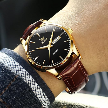Men's Leather Quartz Watch Gold Fashion Wristwatch