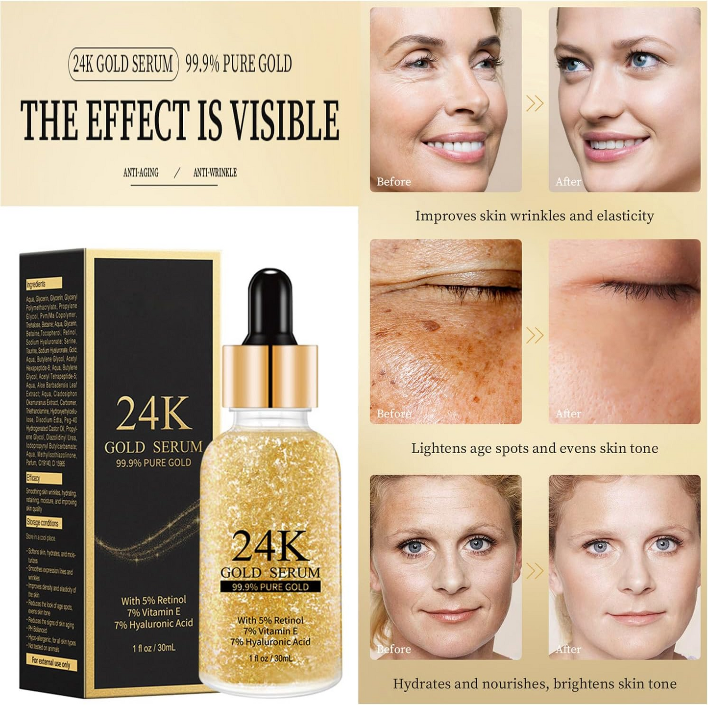 24K Gold Facial Serum – Hyaluronic Acid & Collagen Brightening Care