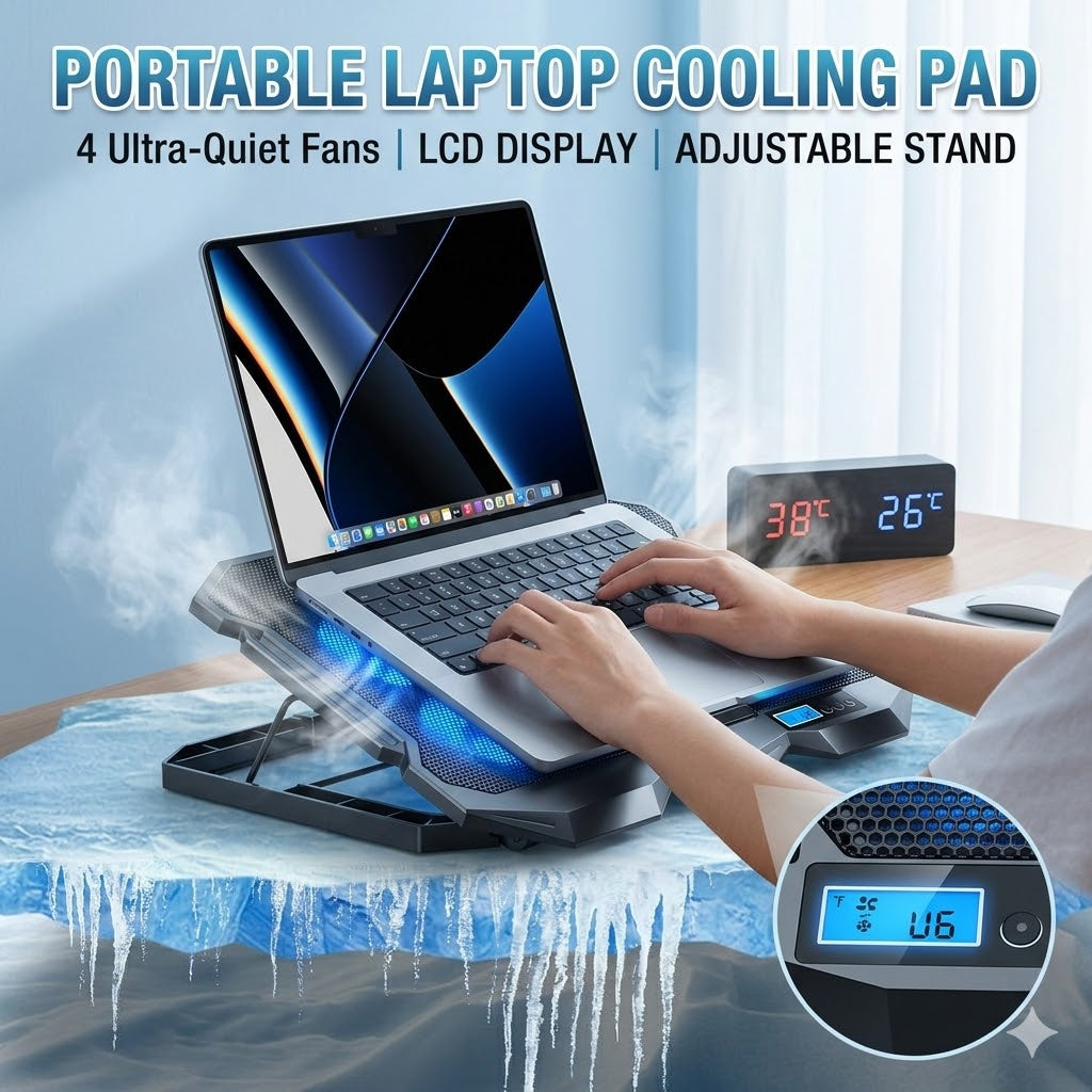 Portable Laptop Cooling Pad – Adjustable Stand with 4 Cooling Fans & LCD Display
