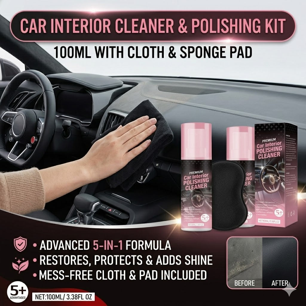 Car Interior Cleaner & Polishing Kit – 100ml with Cloth & Sponge Pad