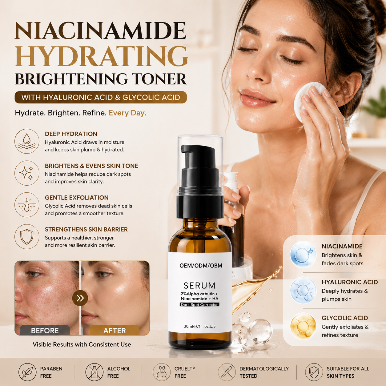 Niacinamide Hydrating Brightening Toner with Hyaluronic Acid & Glycolic Acid