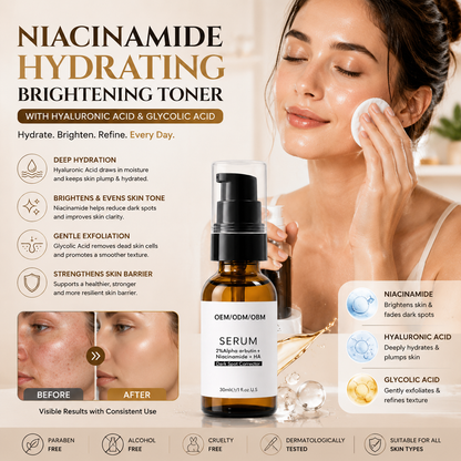 Niacinamide Hydrating Brightening Toner with Hyaluronic Acid & Glycolic Acid
