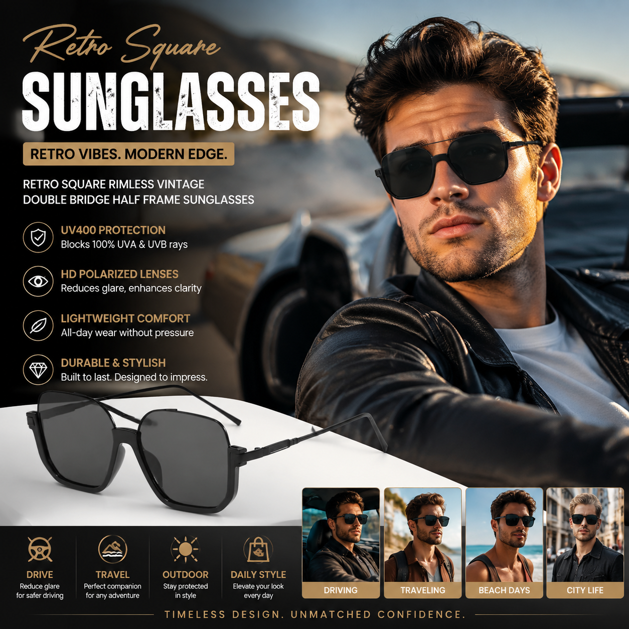 Retro Square Rimless Vintage Double Bridge Half Frame Sunglasses