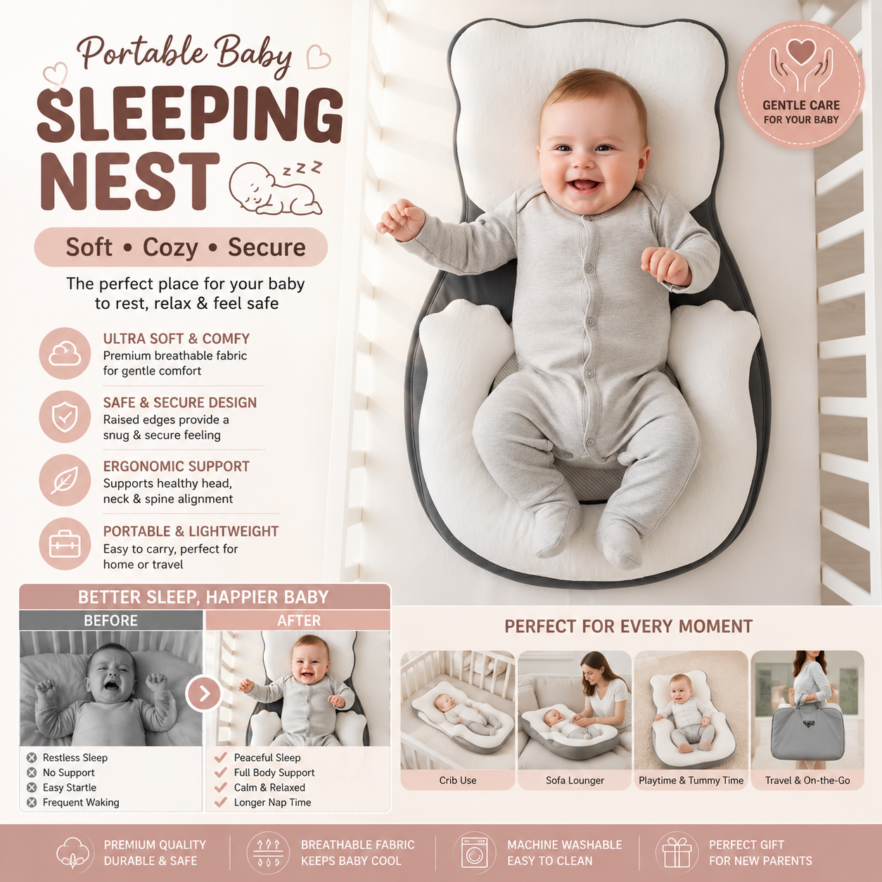 Portable Baby Sleeping Nest Soft Newborn Baby Lounger for Rest