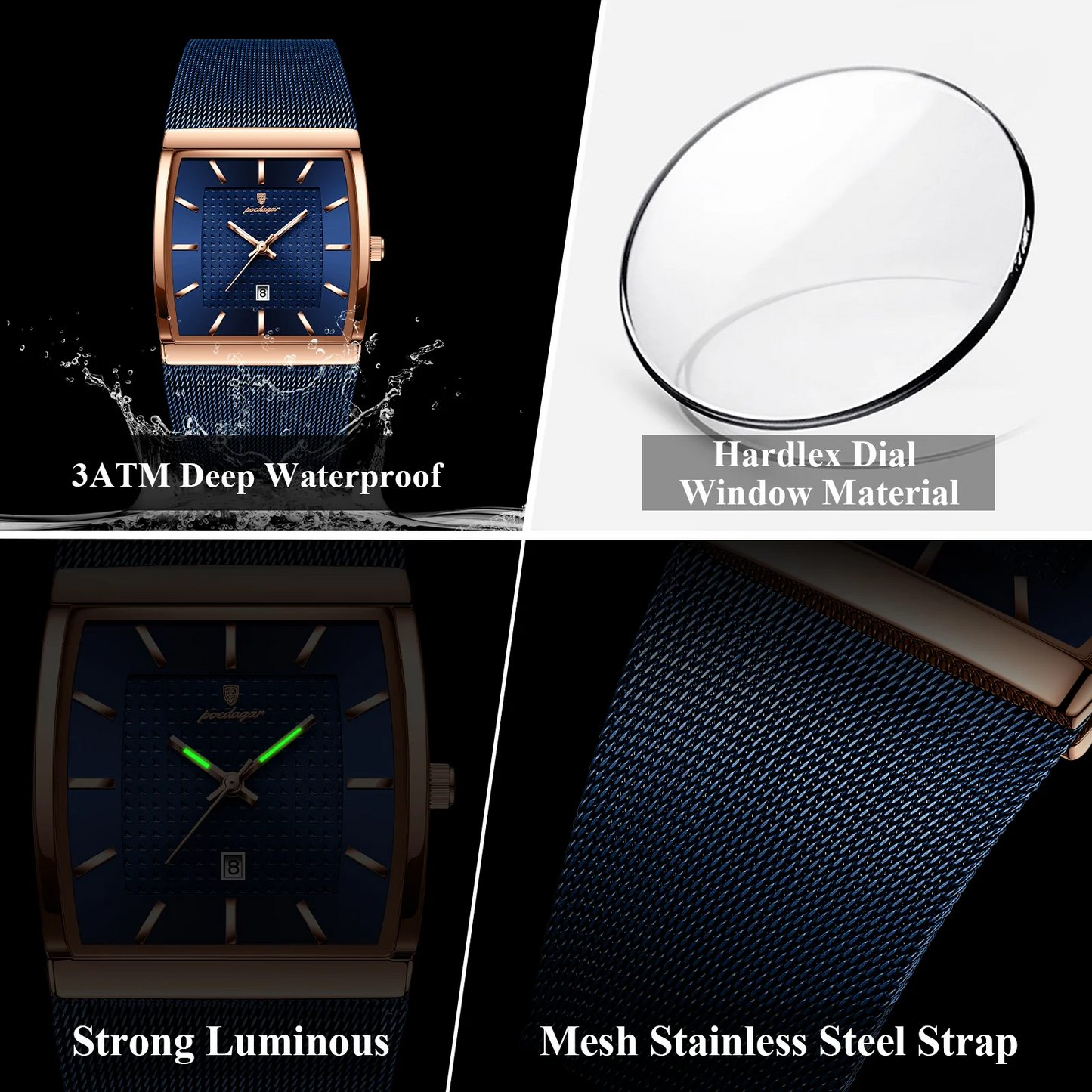 POEDAGAR Luxury Men's Quartz Watch Square Dial Stainless Steel Mesh Strap