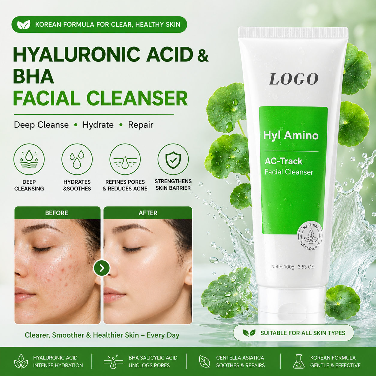 Hyaluronic Acid & BHA Facial Cleanser Korean Face Wash