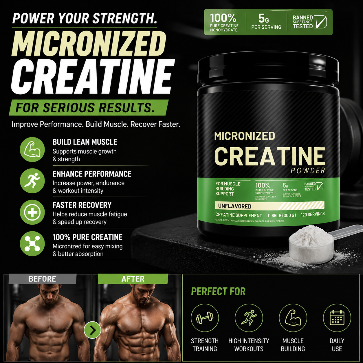 Pure Creatine Monohydrate Powder Pre & Post Workout Supplement