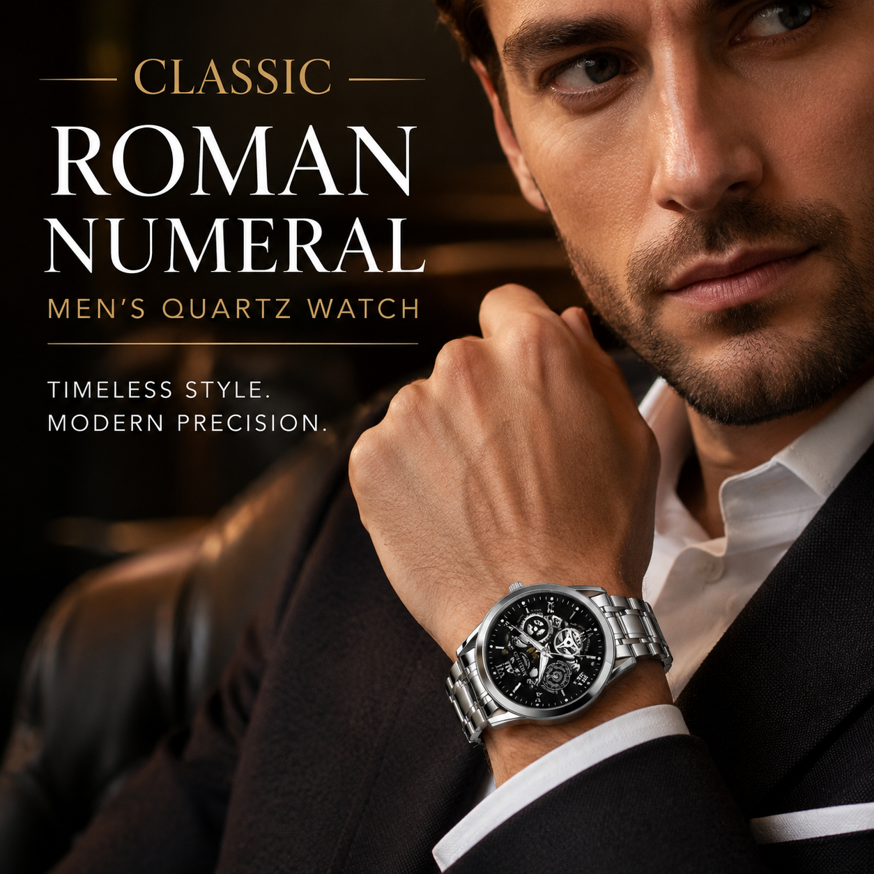 Classic Roman Numeral Men's Quartz Watch Stainless Steel Wristwatch