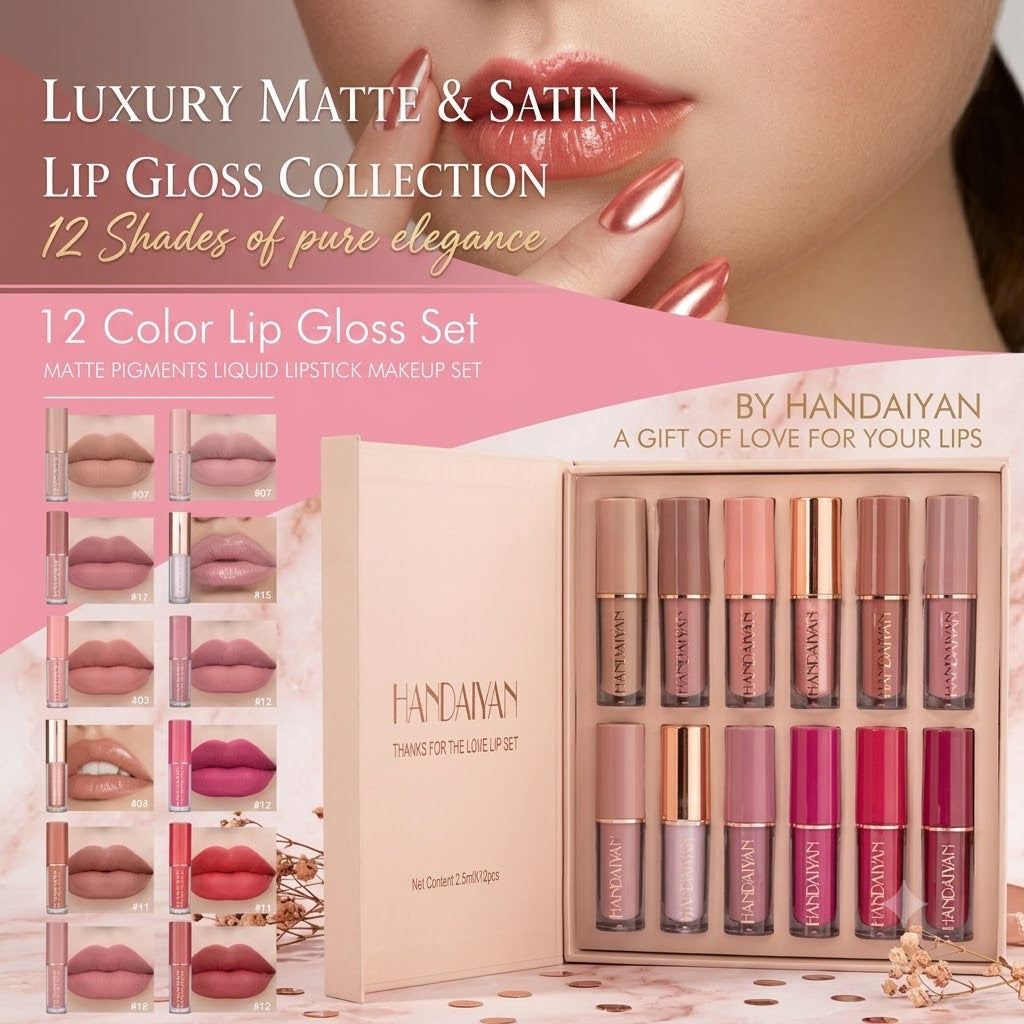 12 Color Lip Gloss Set Matte & Pearl Finish