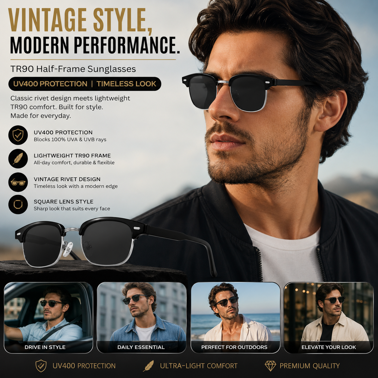 Vintage Half Frame – Square Sunglasses