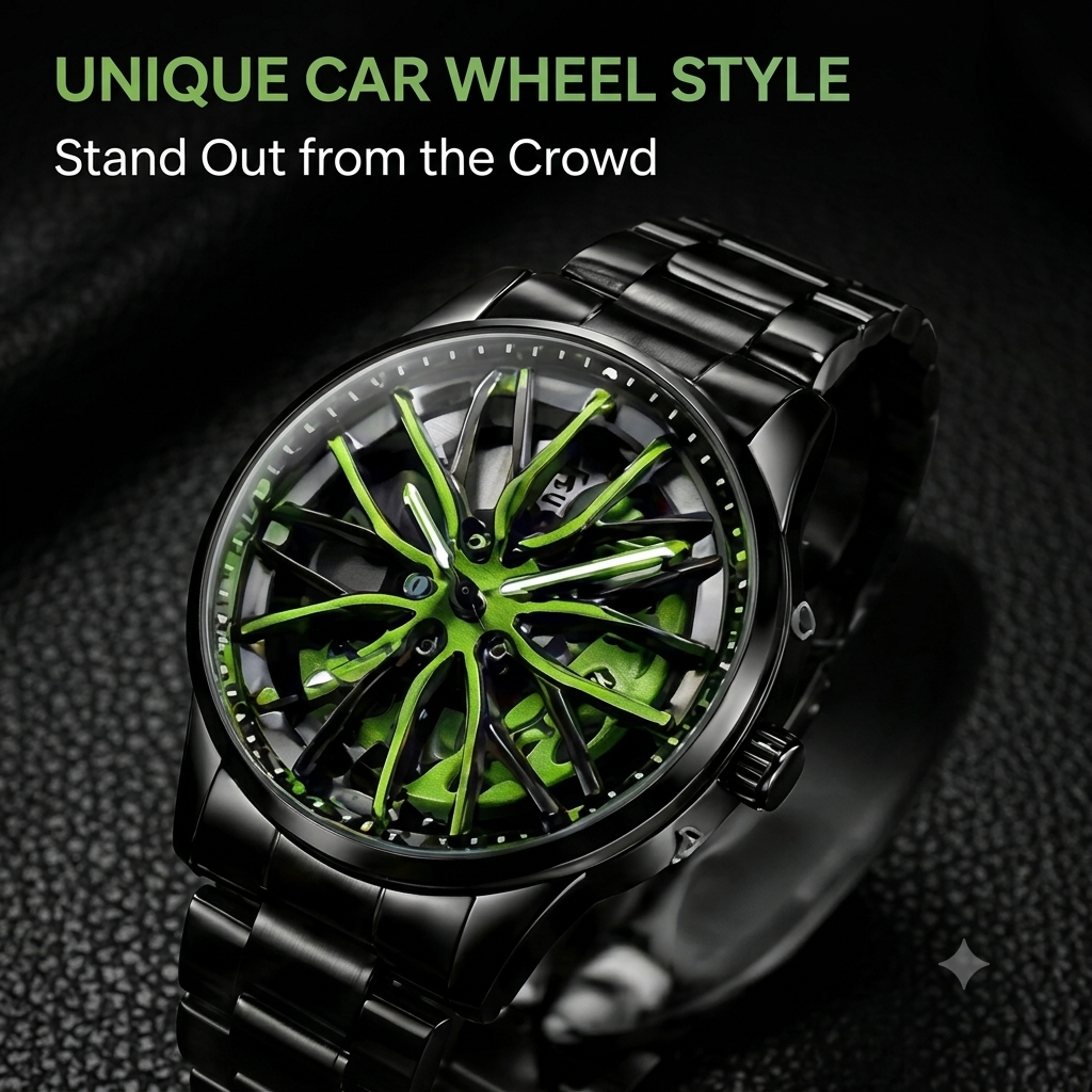 Creative 3D Car Wheel Spin Men's Quartz Watch – Waterproof Stainless Steel Designer Wristwatch