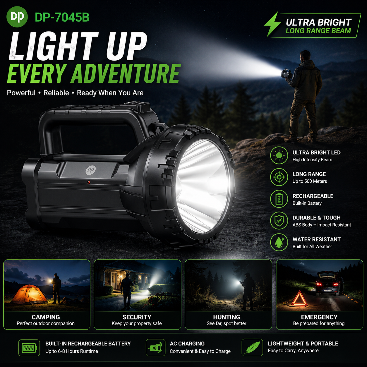 Rechargeable LED – High-Brightness Handheld Outdoor Camping & Emergency Light