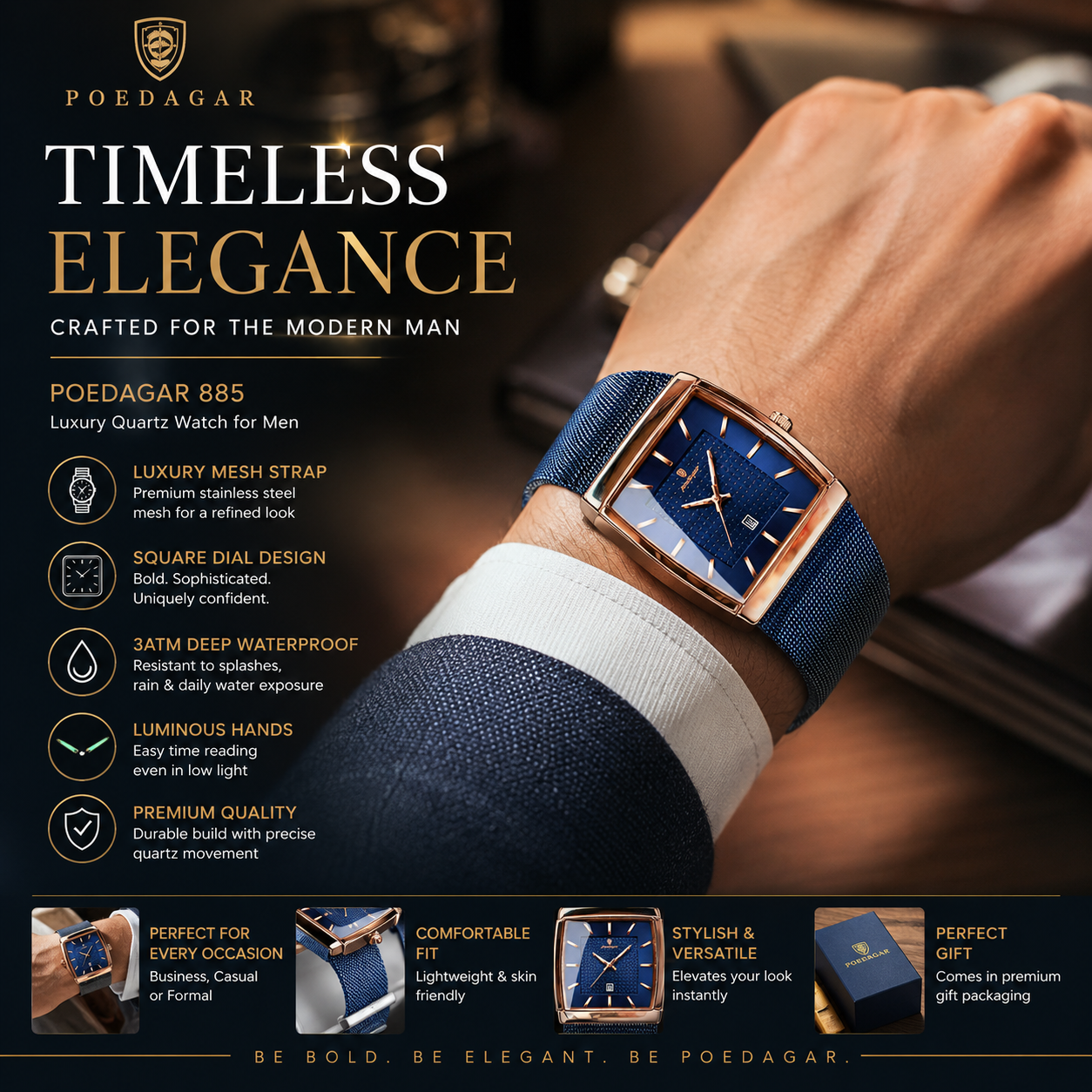 POEDAGAR Luxury Men's Quartz Watch Square Dial Stainless Steel Mesh Strap