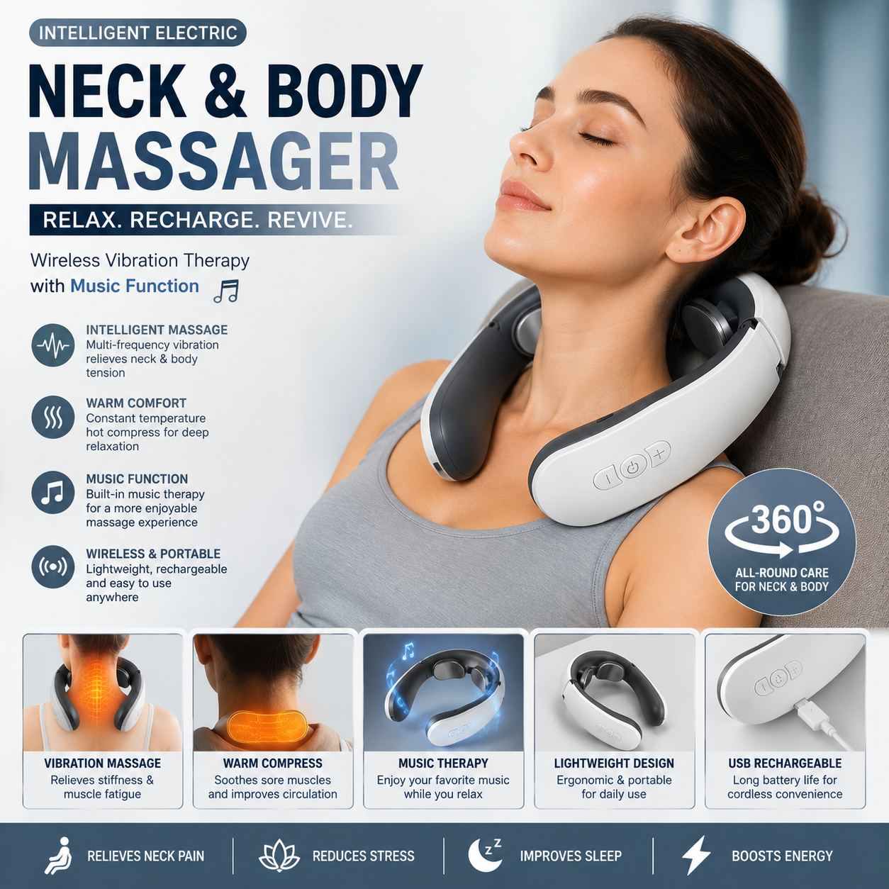 Intelligent Electric Neck & Body Massager – Wireless Vibration Therapy with Music Function