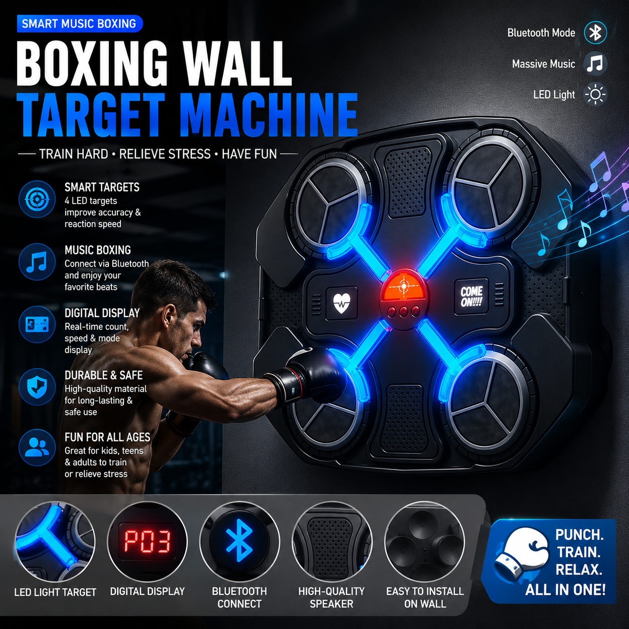 Smart Music Boxing Wall Target – LED Electronic Punch Training Machine with Digital Display