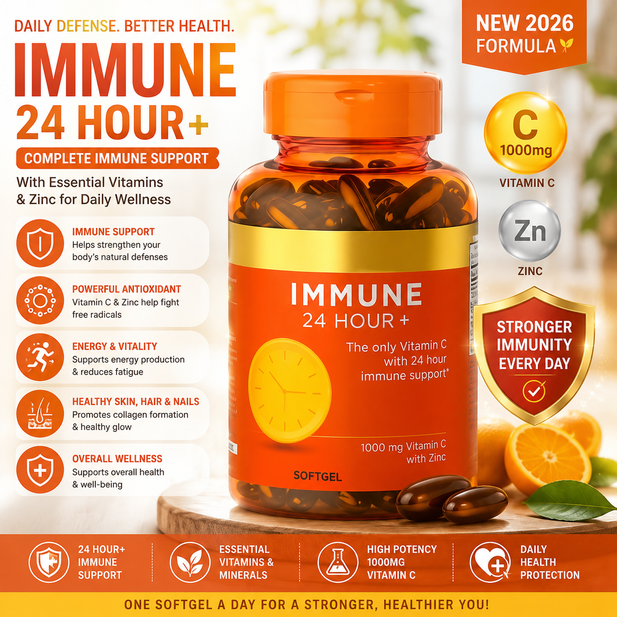 Vitamin C 1000 mg with Zinc Softgels – Daily Immune & Antioxidant Support