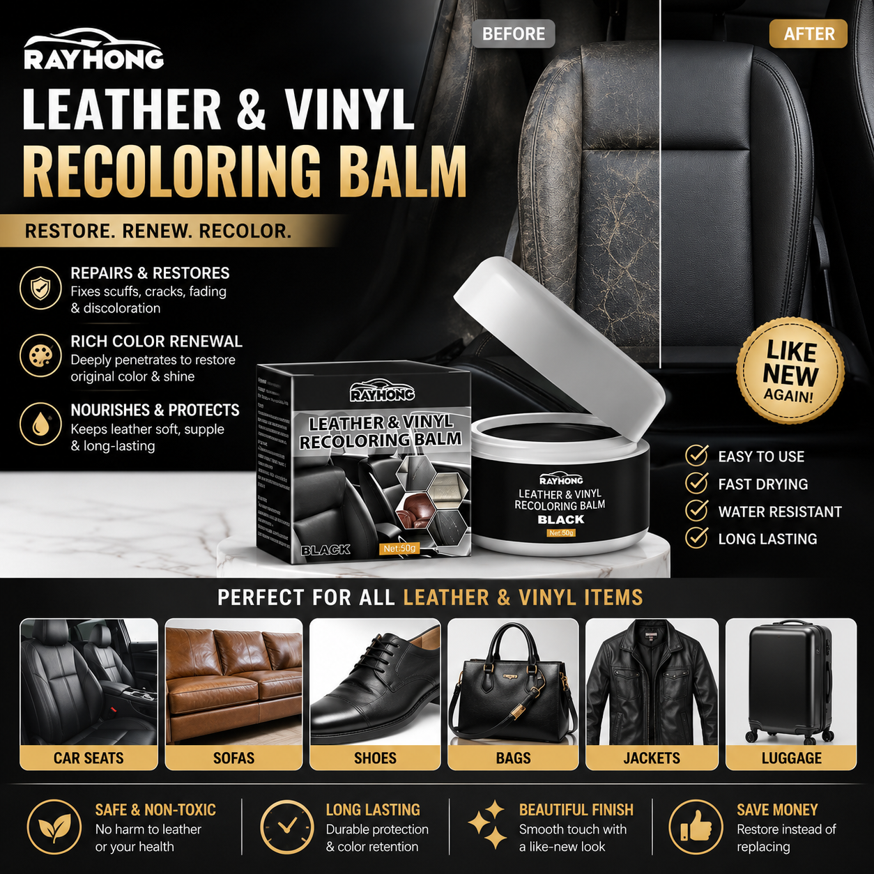 Leather Repair & Color Restoration Cream – Leather Care for Car Seats, Sofas, Shoes & Bags