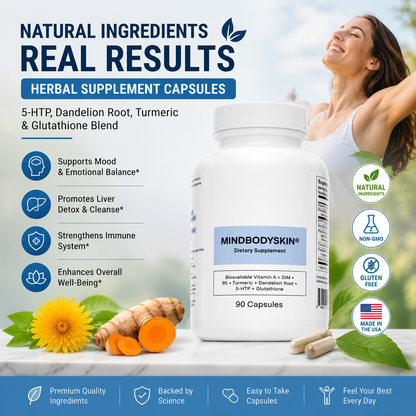 Herbal Supplement Capsules – 5-HTP, Dandelion Root, Turmeric & Glutathione Blend