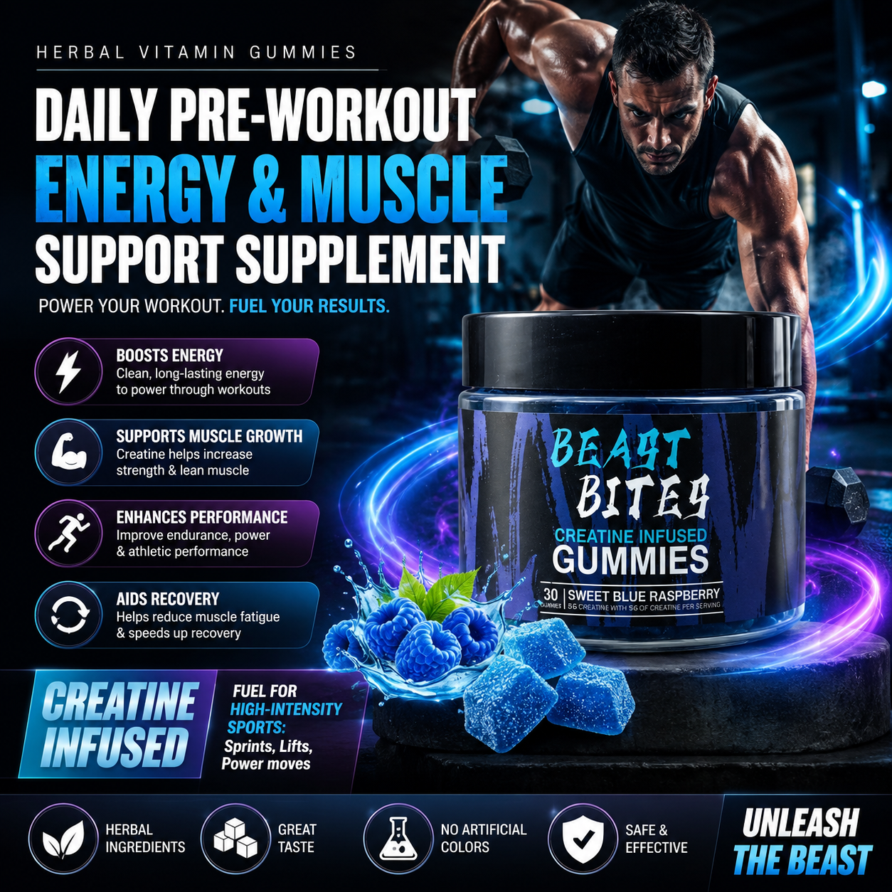 Herbal Vitamin Gummies – Daily Pre-Workout Energy & Muscle Support Supplement