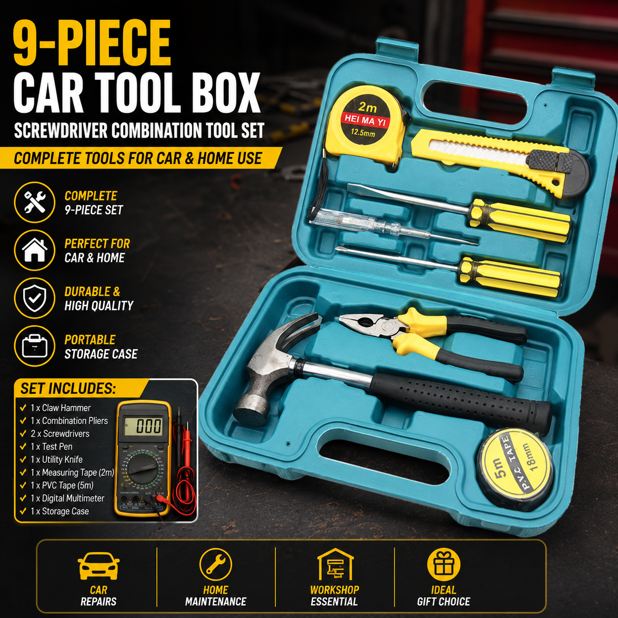 9 Piece Tool Kit – Screwdriver Set with Digital Multimeter & Hammer for Home & Auto Repairs